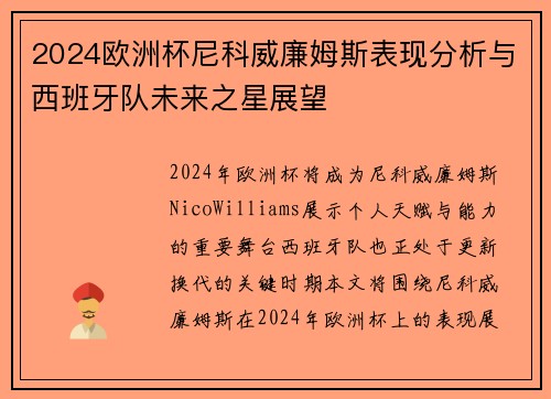 2024欧洲杯尼科威廉姆斯表现分析与西班牙队未来之星展望