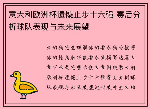 意大利欧洲杯遗憾止步十六强 赛后分析球队表现与未来展望