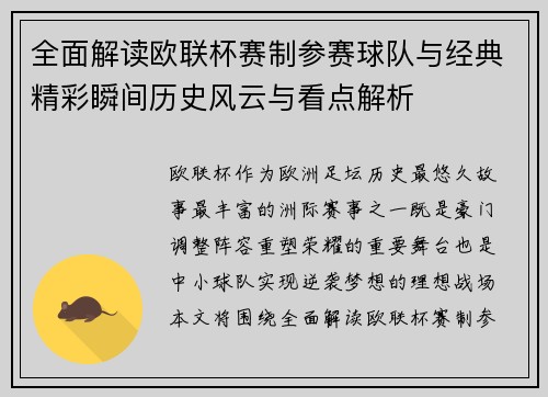 全面解读欧联杯赛制参赛球队与经典精彩瞬间历史风云与看点解析