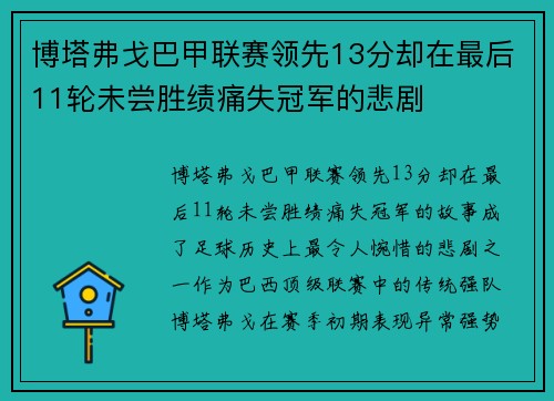 博塔弗戈巴甲联赛领先13分却在最后11轮未尝胜绩痛失冠军的悲剧