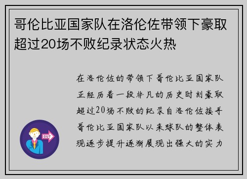哥伦比亚国家队在洛伦佐带领下豪取超过20场不败纪录状态火热